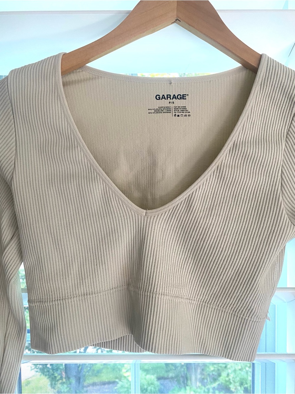 Garage Cream Ribbed V-Neck Long Sleeve Crop Top
